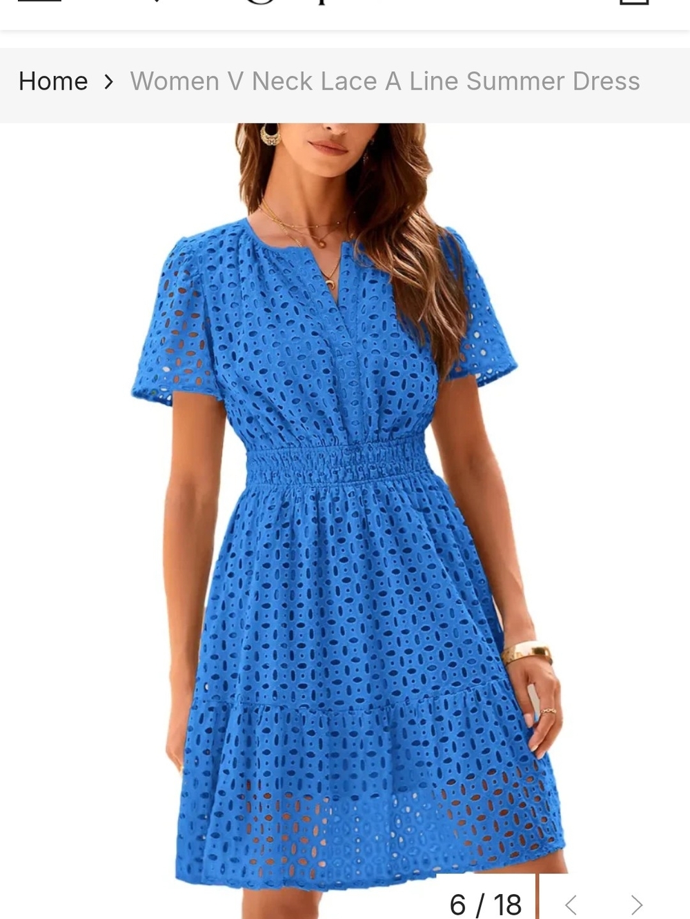 Blue Eyelet V-Neck Midi Dress with Smocked Waist